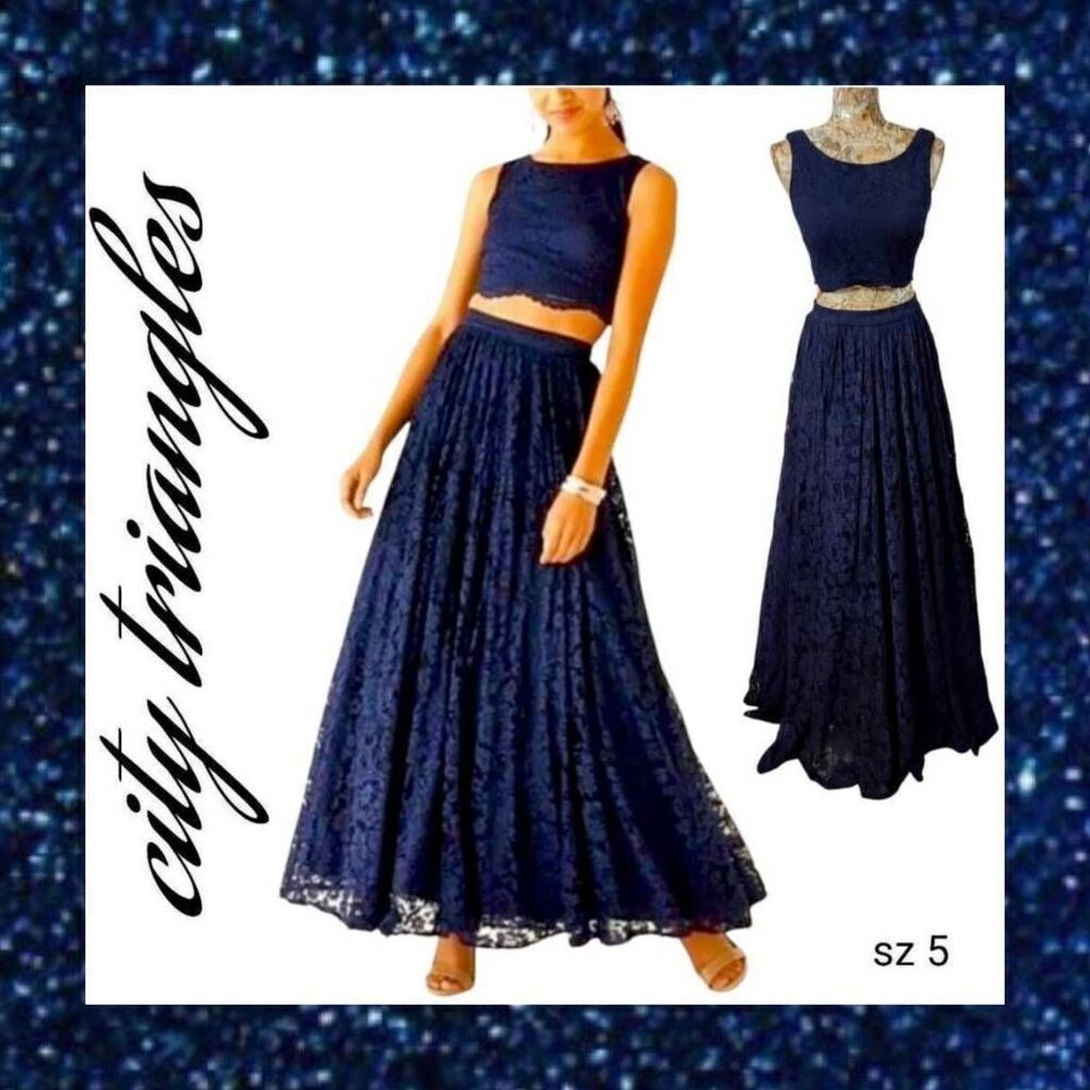 Formal Dark Blue Lace 2 Piece Crop Top Full Maxi Skirt Gown Long Dress Designer